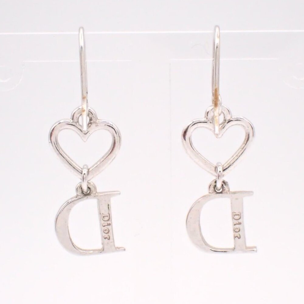 💖 Christian Dior Vintage Silver Heart D Dangle Earrings - Rhinestone Pave - Picture 2 of 3